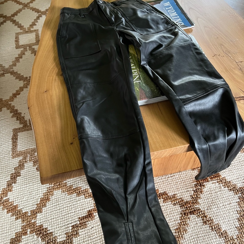 Black Faux Leather High Rise Waist Slim Cinch Ankle Pants